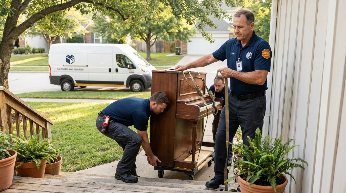 Licensed piano movers securing grand piano in Canton, MI