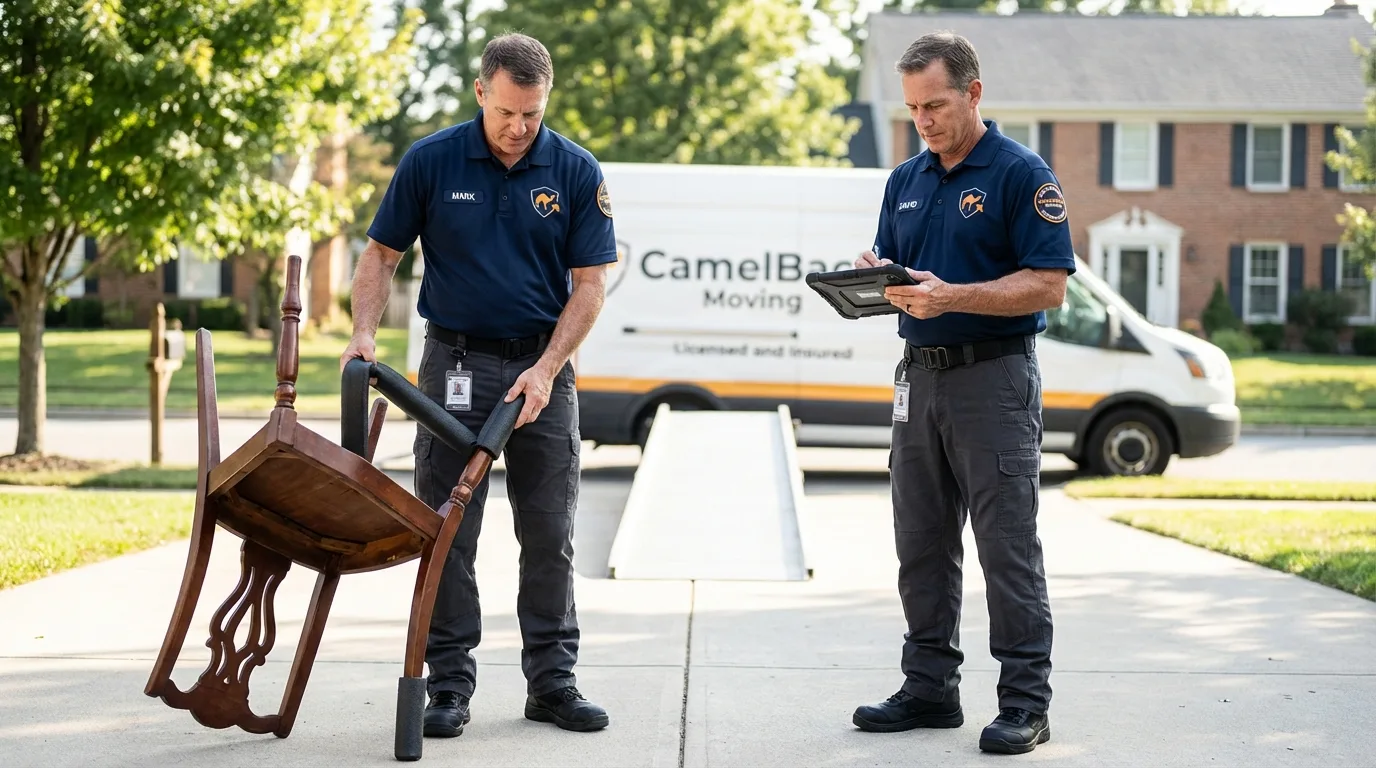 Movers inspecting furniture for damage prevention before loading in Canton, MI