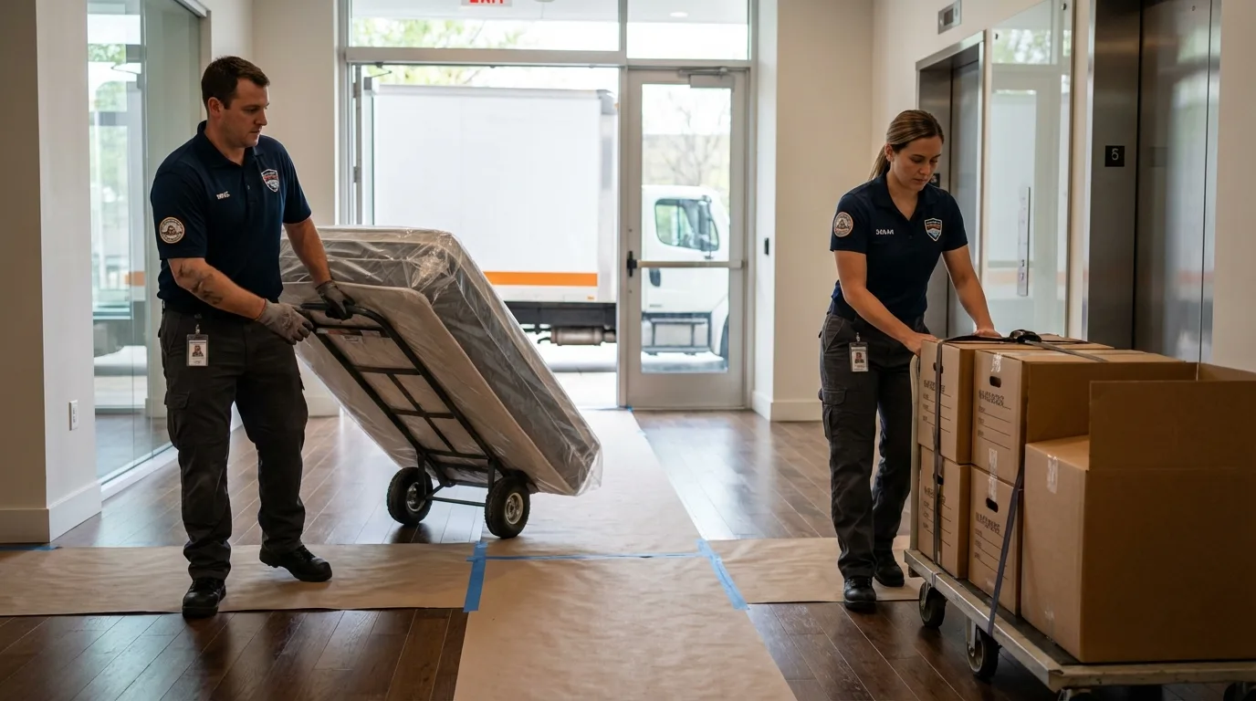 Professional apartment movers loading elevator in Canton, MI